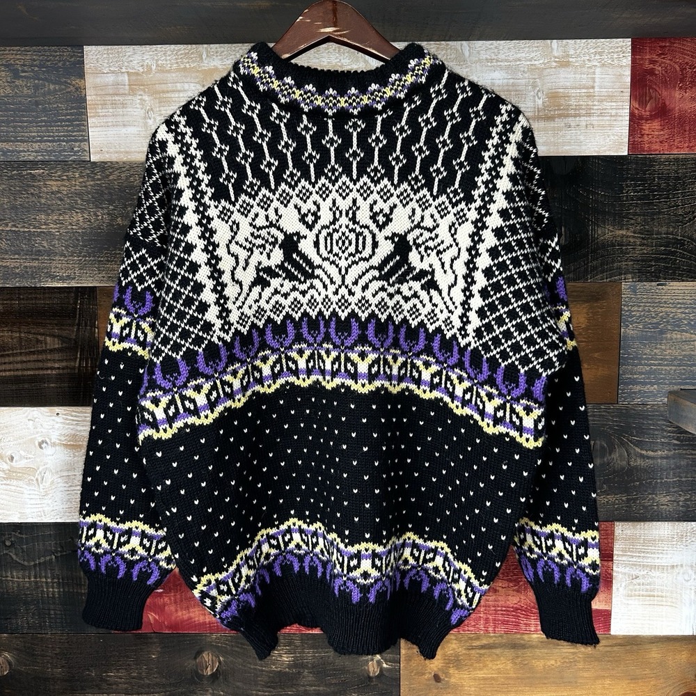 Dale Of Norway Men's Wool Jumper Sweater Nordic Crew Deer Blue Red Size M Purple